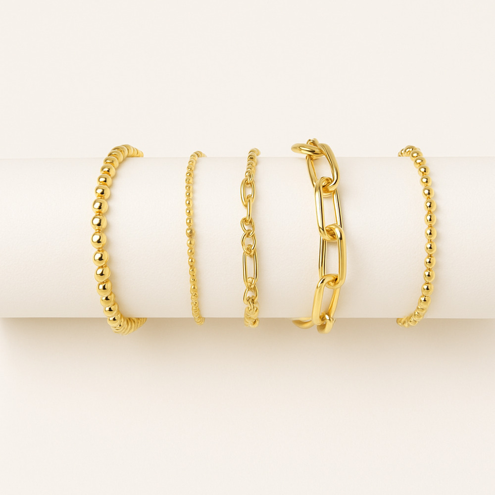Gold Bracelet Set 4pc Minimalist Stack Beaded Paperclip Chain Dainty Jewelry